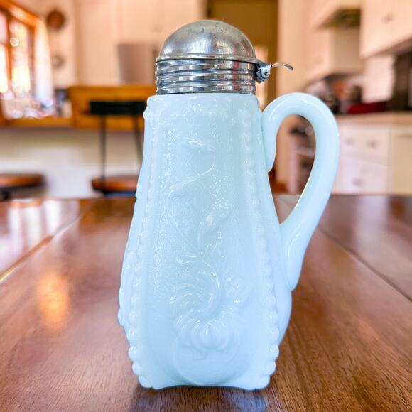 Antique Blue Milk Glass Syrup Pitcher with Tin Lid Victorian Embossed - Picture 3 of 13